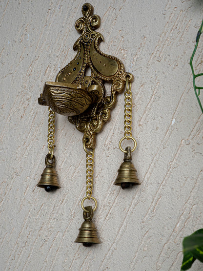 Brass Hanging Diya with 3 Bell - 4 inch - WL5450