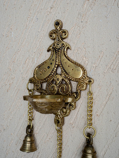 Brass Hanging Diya with 3 Bell - 4 inch - WL5450