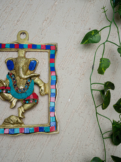 Brass Ganesha Wall Hanging with Stone Work - 9 inch - WL5452
