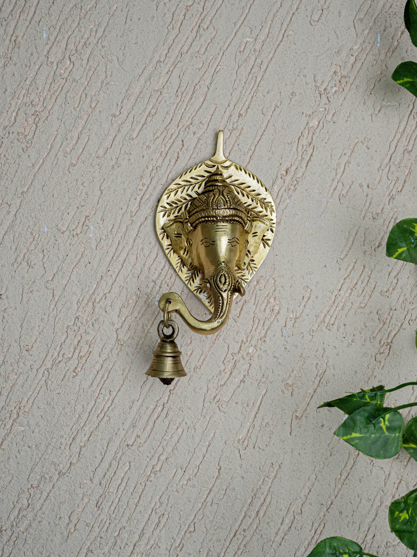 Brass Leaf Ganesha Wall Hanging with Bell - 8 inch - WL5454