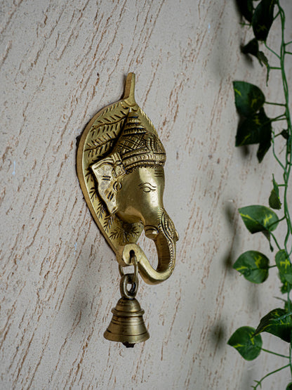 Brass Leaf Ganesha Wall Hanging with Bell - 8 inch - WL5454