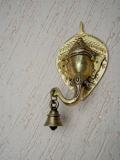 Brass Leaf Ganesha Wall Hanging with Bell - 8 inch - WL5454