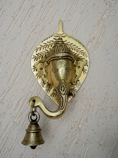 Brass Leaf Ganesha Wall Hanging with Bell - 8 inch - WL5454