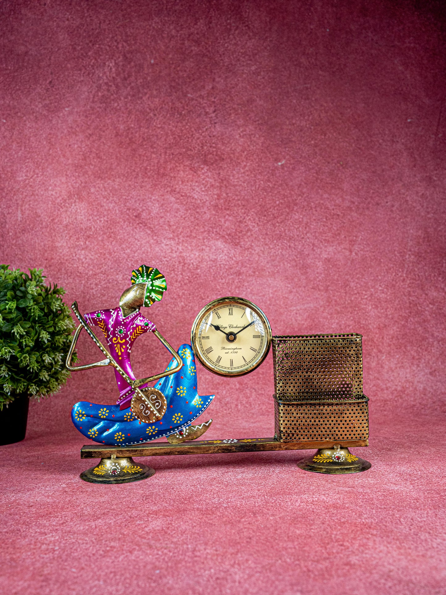 Metal Handpainted Musical Pen Stand with Clock - WL5488