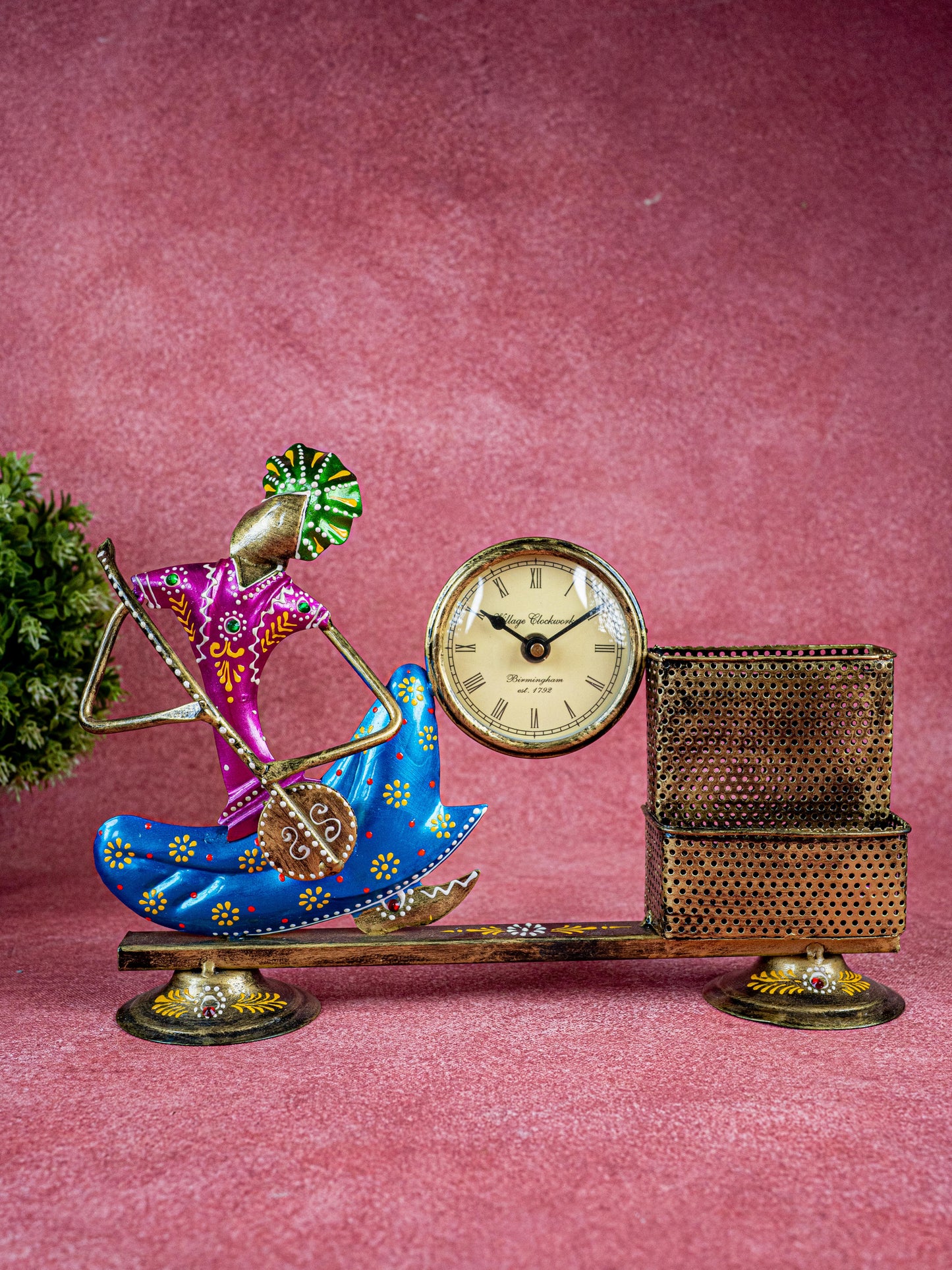 Metal Handpainted Musical Pen Stand with Clock - WL5488