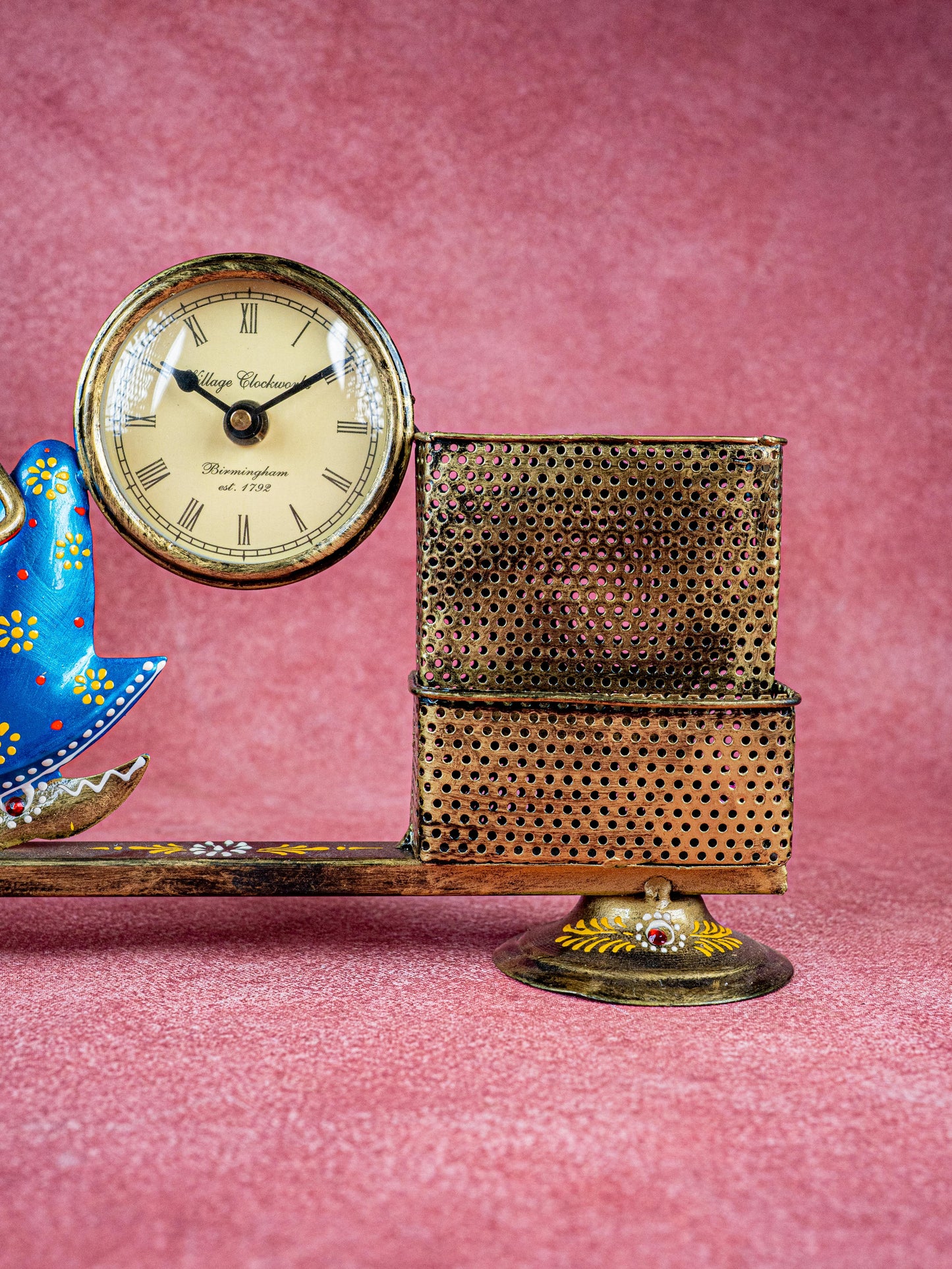 Metal Handpainted Musical Pen Stand with Clock - WL5488