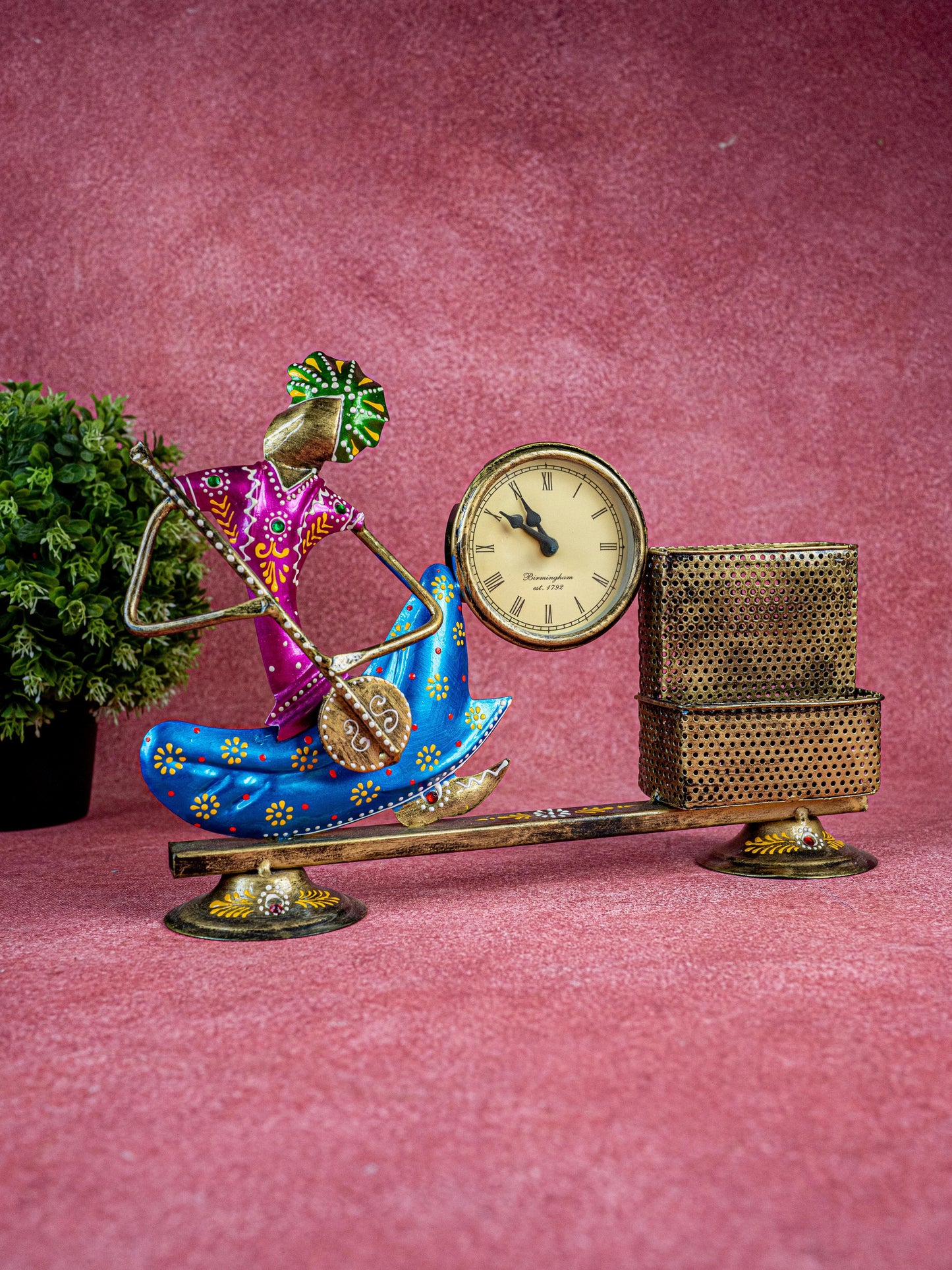 Metal Handpainted Musical Pen Stand with Clock - WL5488