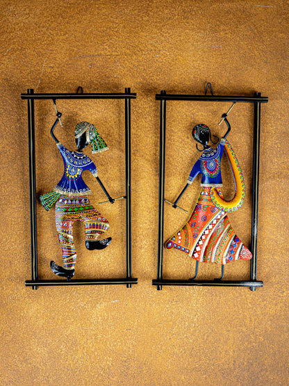 Metal Handpainted Couple Dandiya in Frame - 14 inch - WL5490