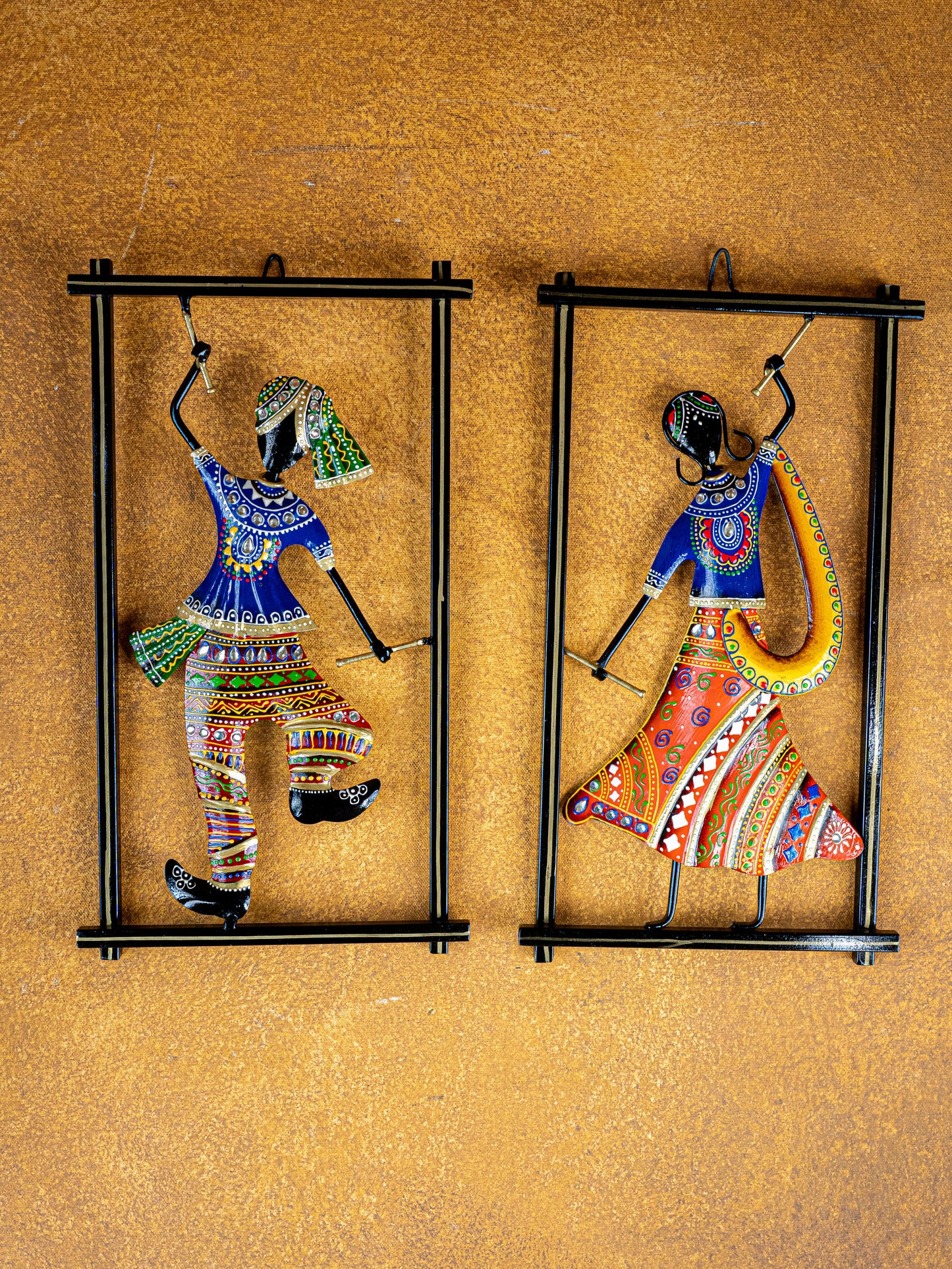 Metal Handpainted Couple Dandiya in Frame - 14 inch - WL5490
