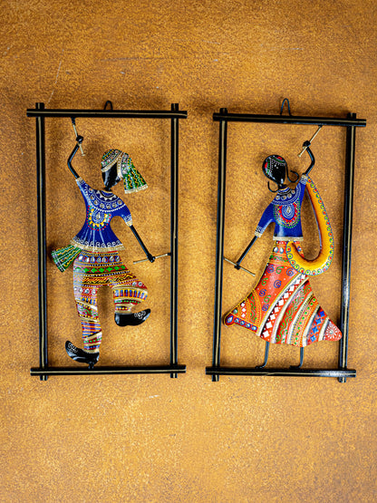 Metal Handpainted Couple Dandiya in Frame - 14 inch - WL5490