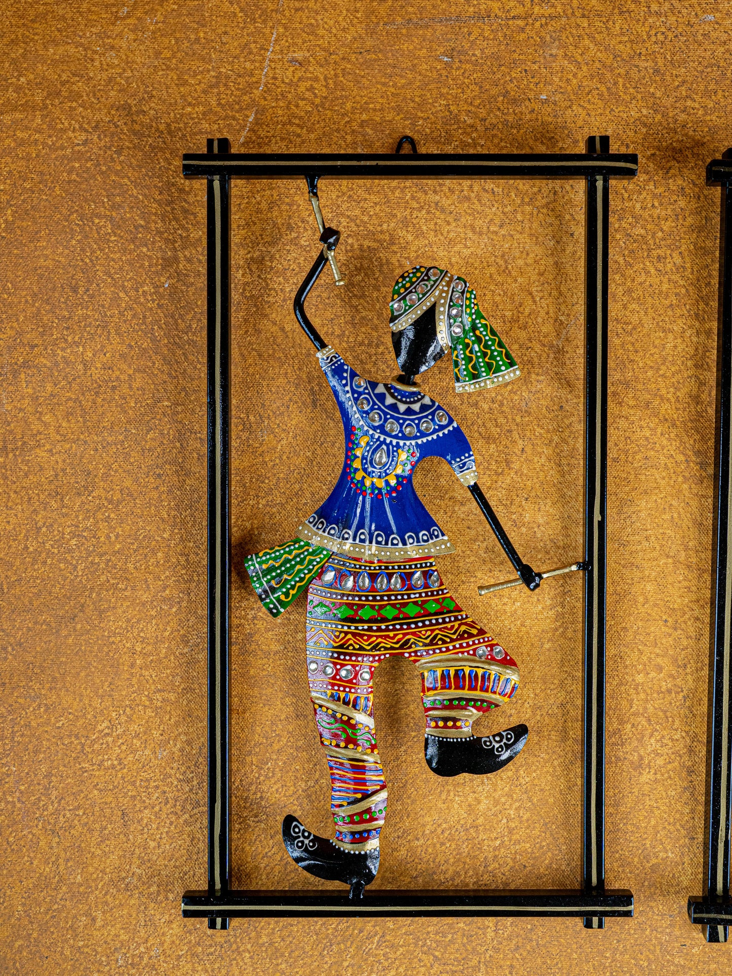 Metal Handpainted Couple Dandiya in Frame - 14 inch - WL5490