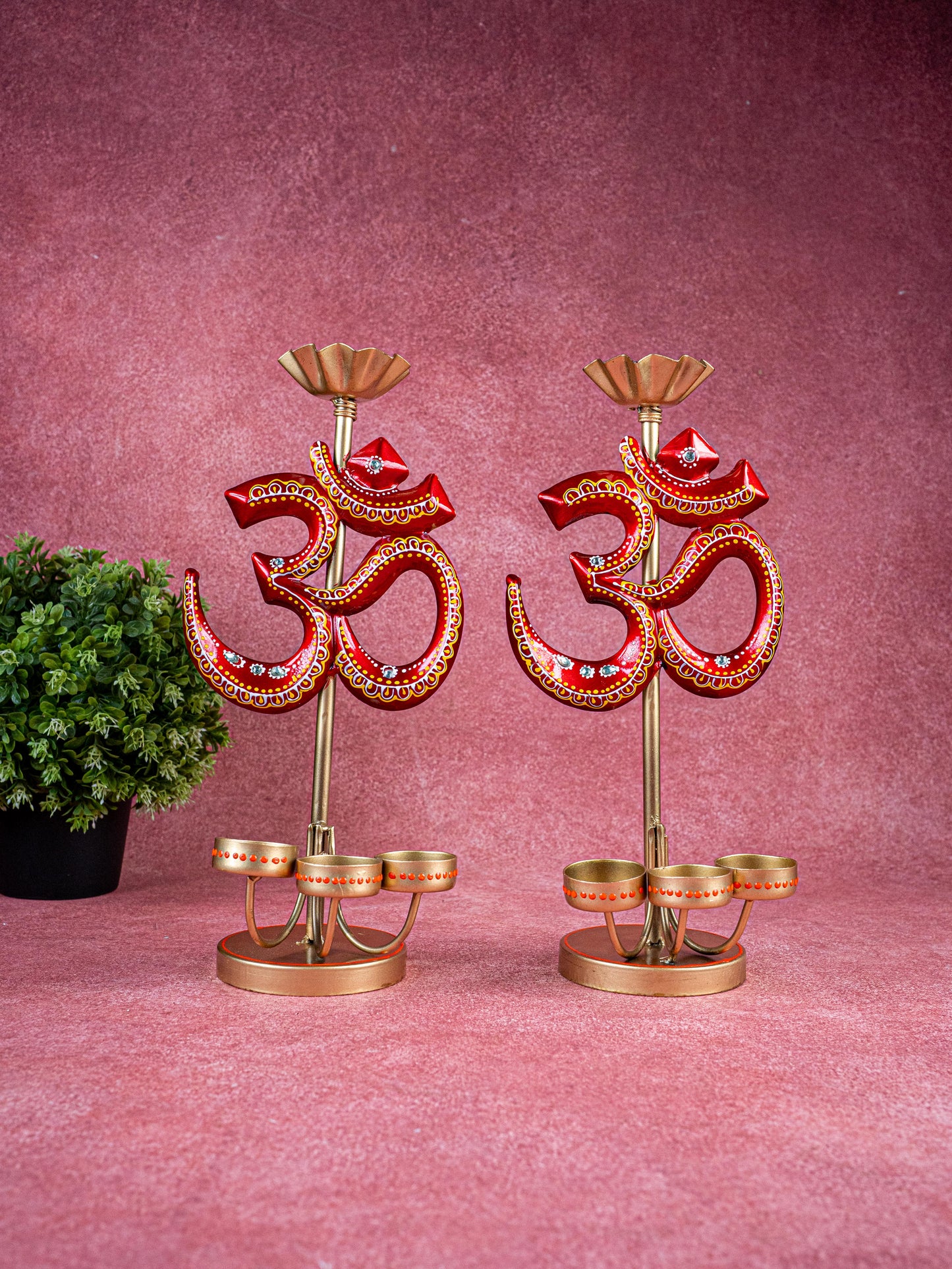 Metal Handpainted Om T Light Holder - Set of 2 - 13 Inch - WL5491