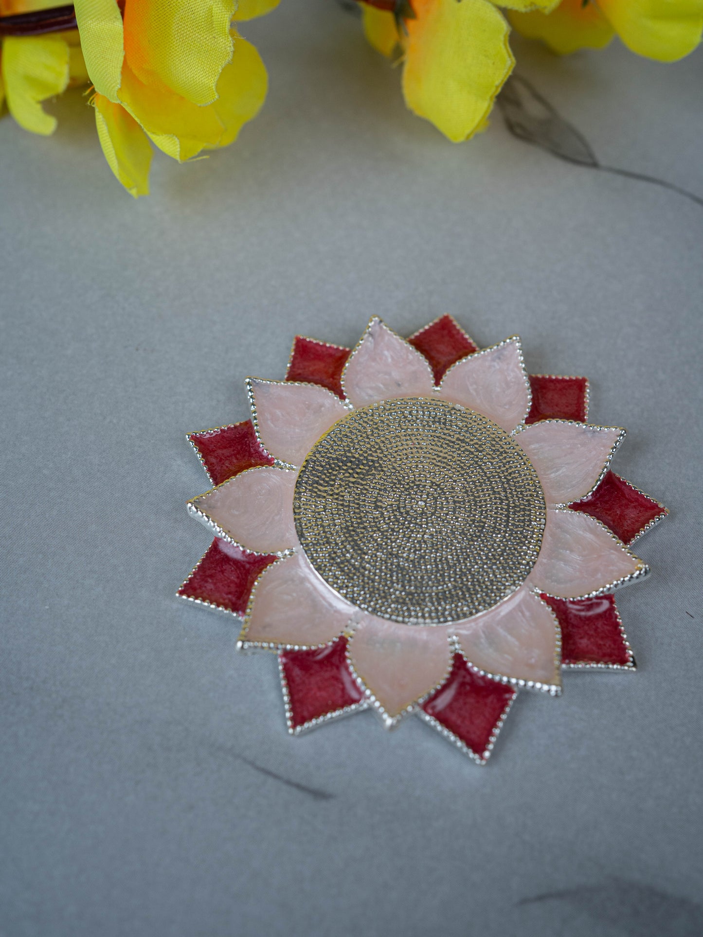 White Metal Floral Coaster for Diya - Pink - WL5498-1
