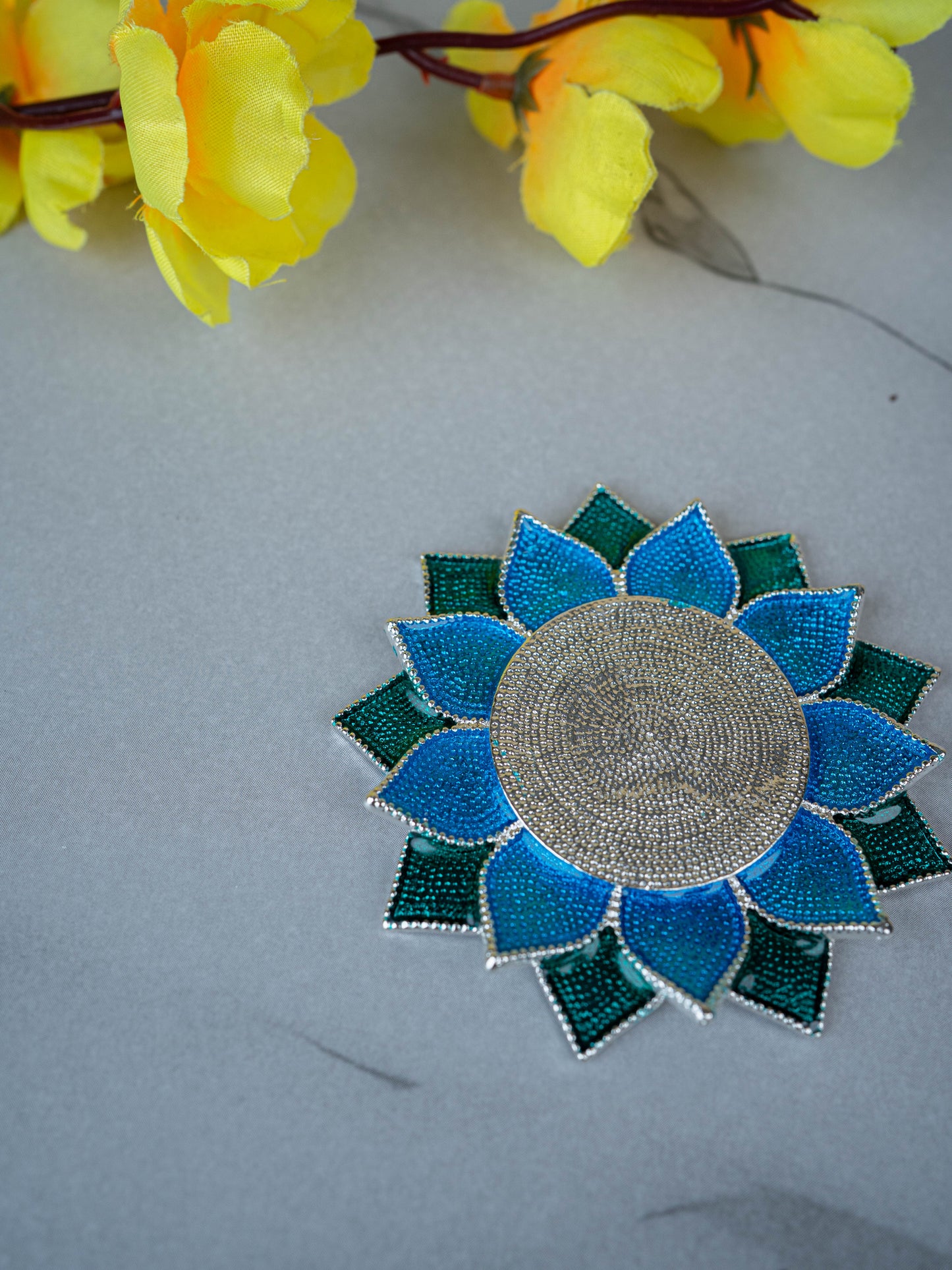 White Metal Floral Coaster for Diya - Blue - WL5498-2