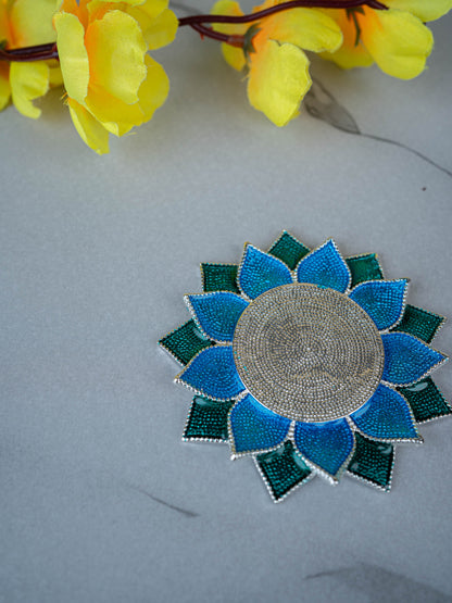 White Metal Floral Coaster for Diya - Blue - WL5498-2