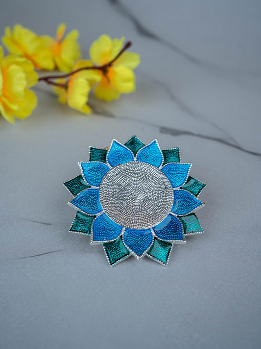 White Metal Floral Coaster for Diya - Blue - WL5498-2