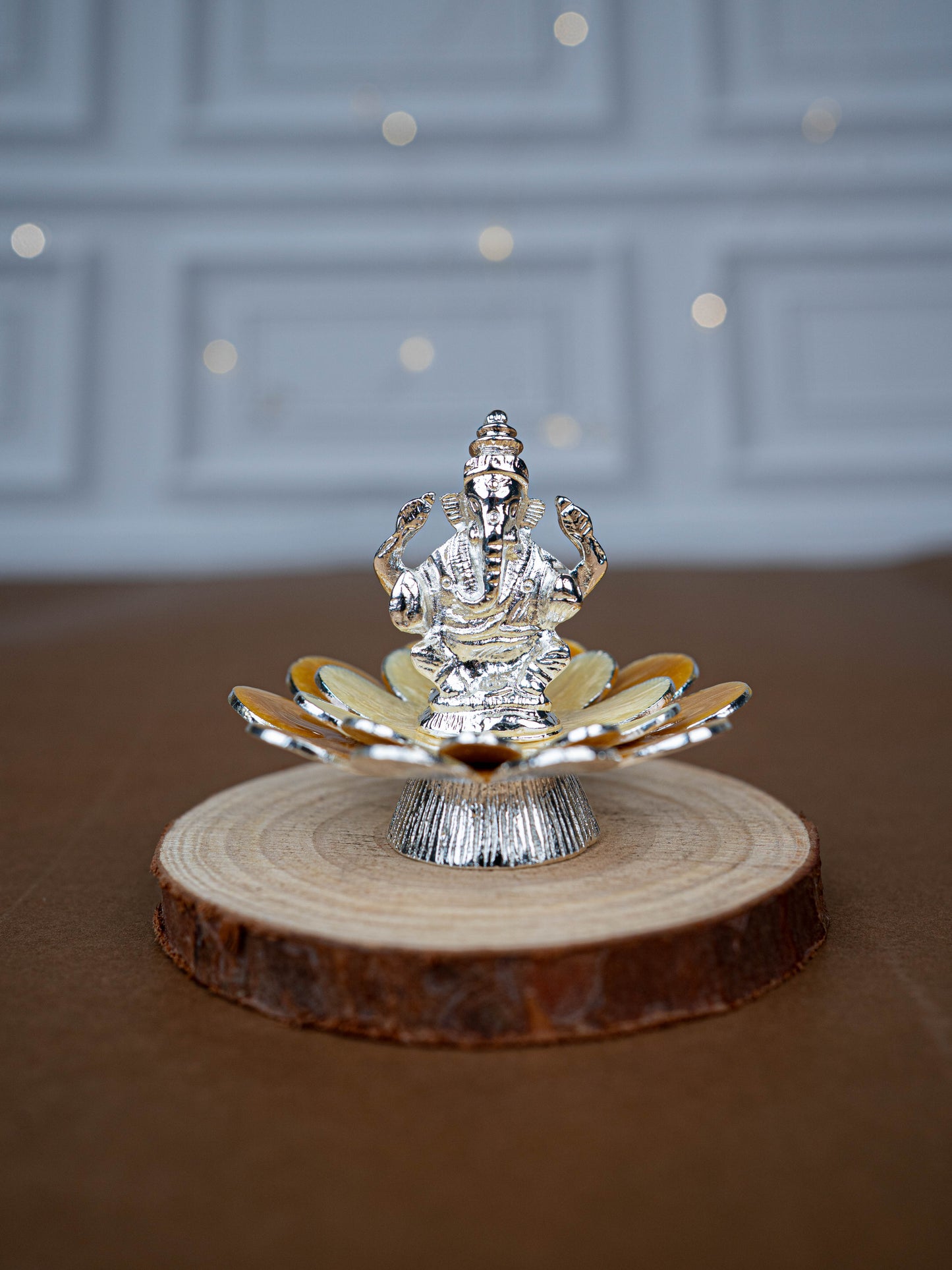 White Metal Lord Ganesha on Floral Base - Beige - WL5499-1