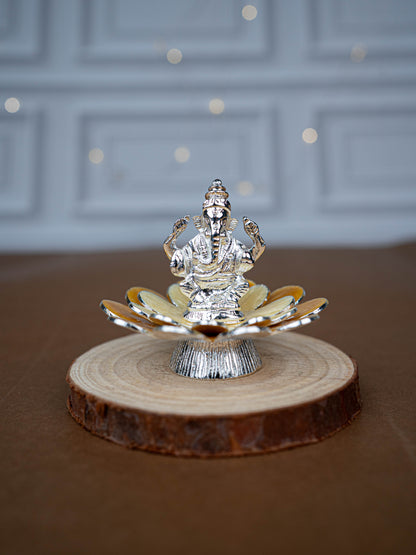 White Metal Lord Ganesha on Floral Base - Beige - WL5499-1