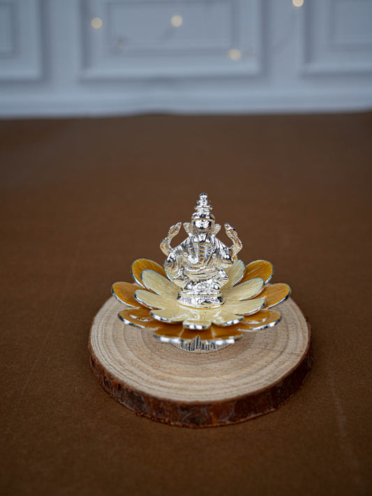 White Metal Lord Ganesha on Floral Base - Beige - WL5499-1