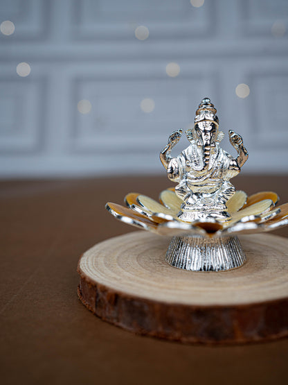 White Metal Lord Ganesha on Floral Base - Beige - WL5499-1