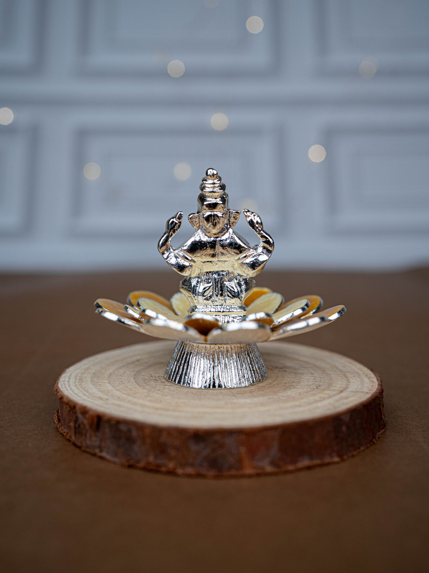 White Metal Lord Ganesha on Floral Base - Beige - WL5499-1