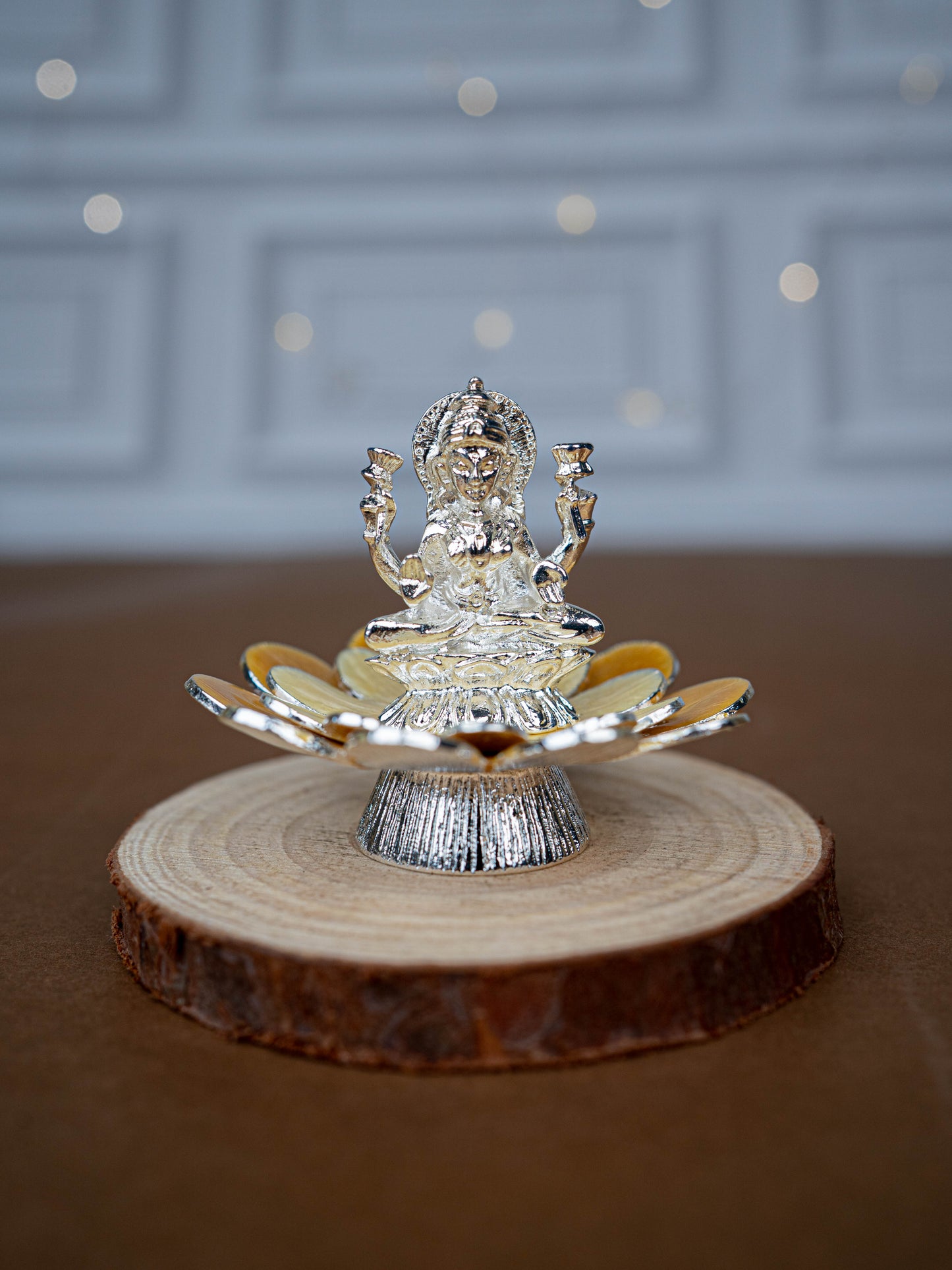 White Metal Lord Lakshmi on Floral Base - Beige - WL5499-2