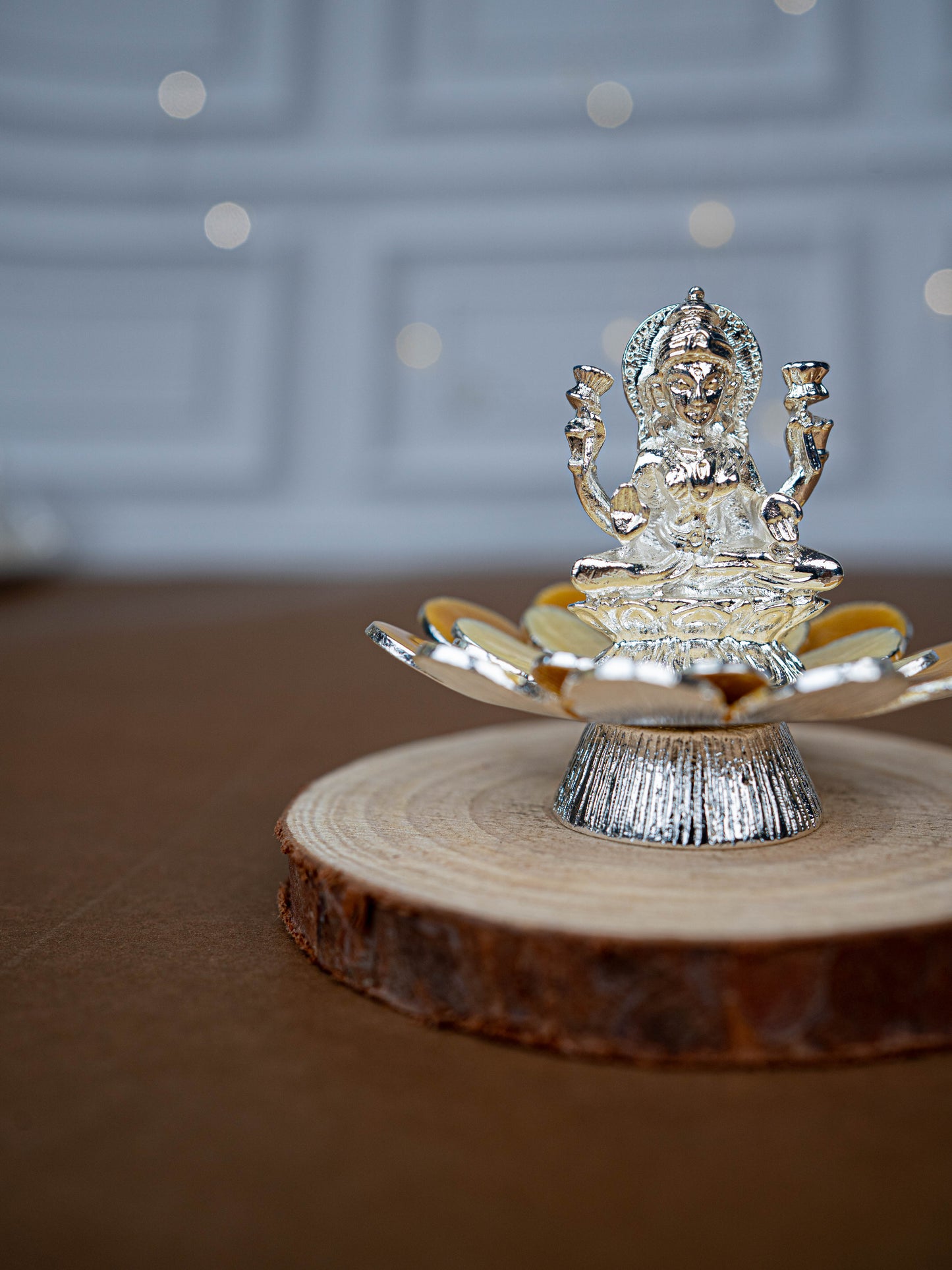 White Metal Lord Lakshmi on Floral Base - Beige - WL5499-2