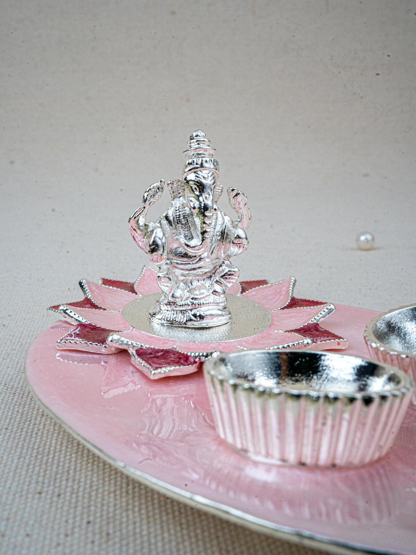 White Metal Ganesha Manjal-Kumkum Holder - Pink - WL5500-1