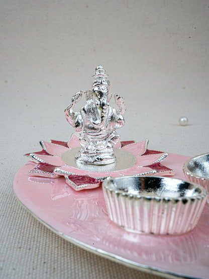 White Metal Ganesha Manjal-Kumkum Holder - Pink - WL5500-1