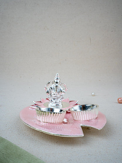 White Metal Ganesha Manjal-Kumkum Holder - Pink - WL5500-1