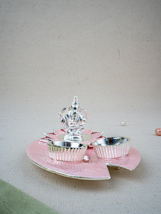 White Metal Ganesha Manjal-Kumkum Holder - Pink - WL5500-1