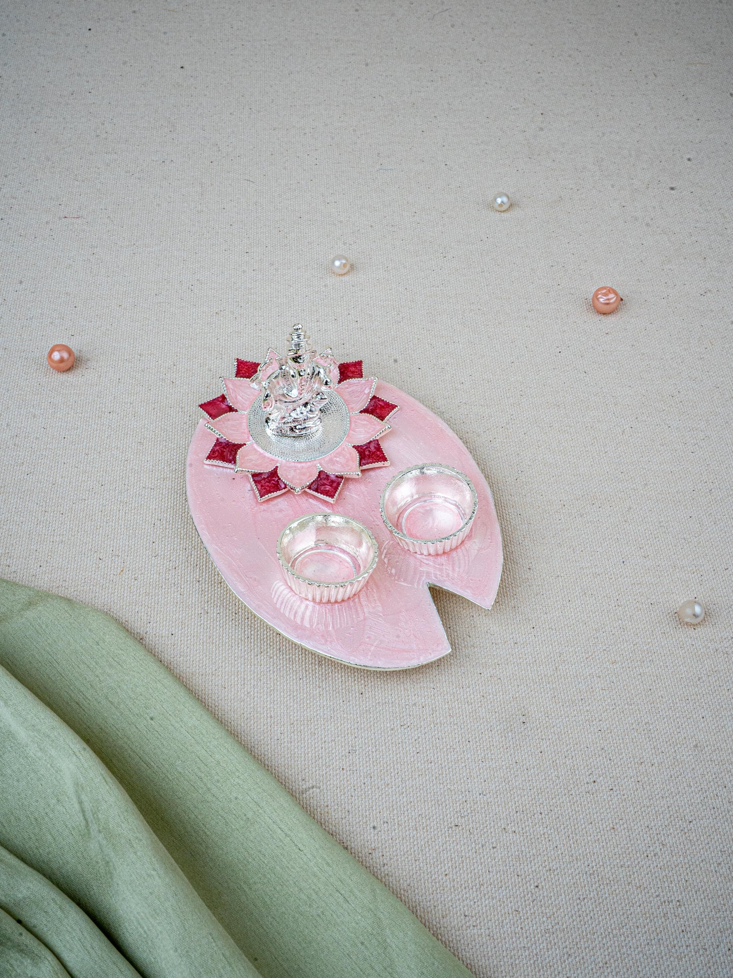 White Metal Ganesha Manjal-Kumkum Holder - Pink - WL5500-1