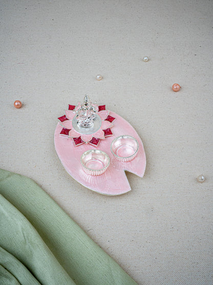 White Metal Ganesha Manjal-Kumkum Holder - Pink - WL5500-1