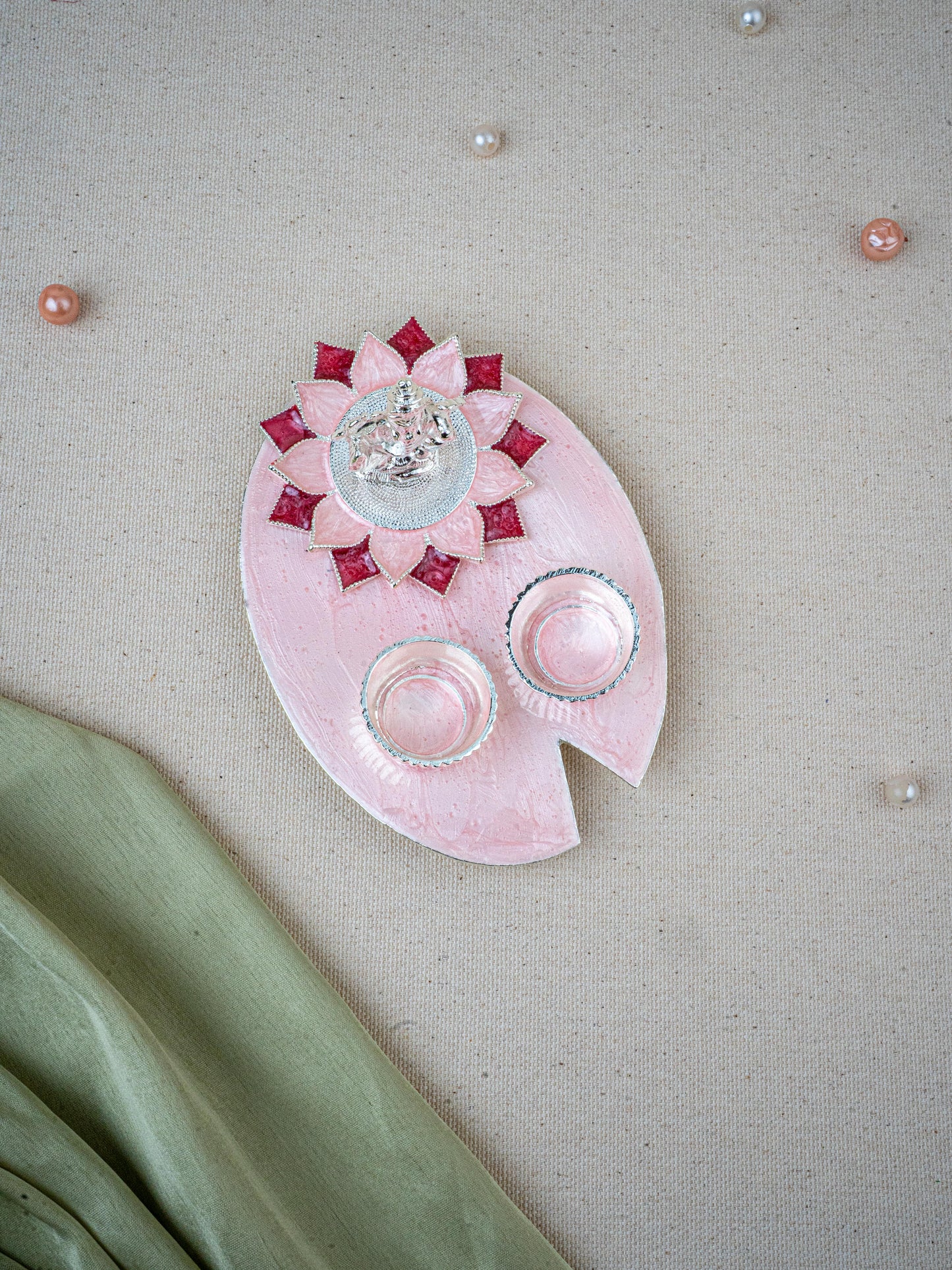 White Metal Ganesha Manjal-Kumkum Holder - Pink - WL5500-1