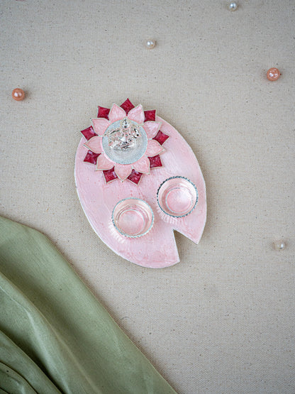 White Metal Ganesha Manjal-Kumkum Holder - Pink - WL5500-1