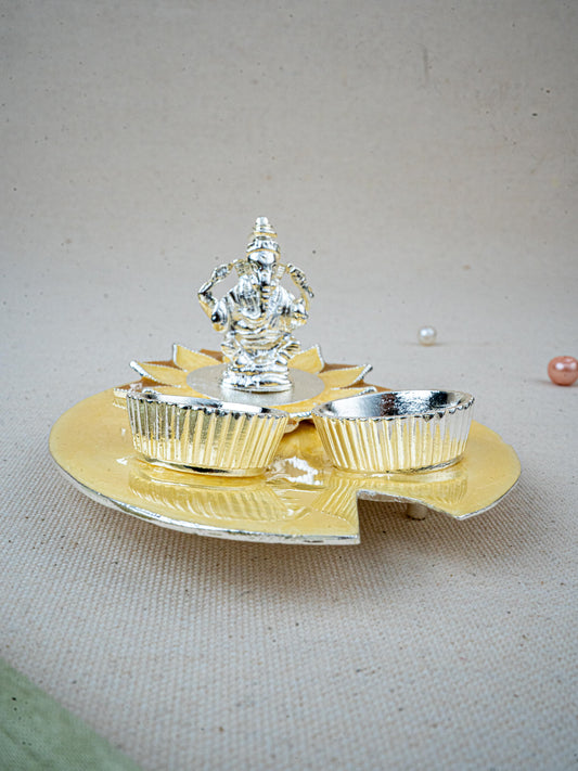 White Metal Ganesha Manjal-Kumkum Holder - Beige - WL5501-1
