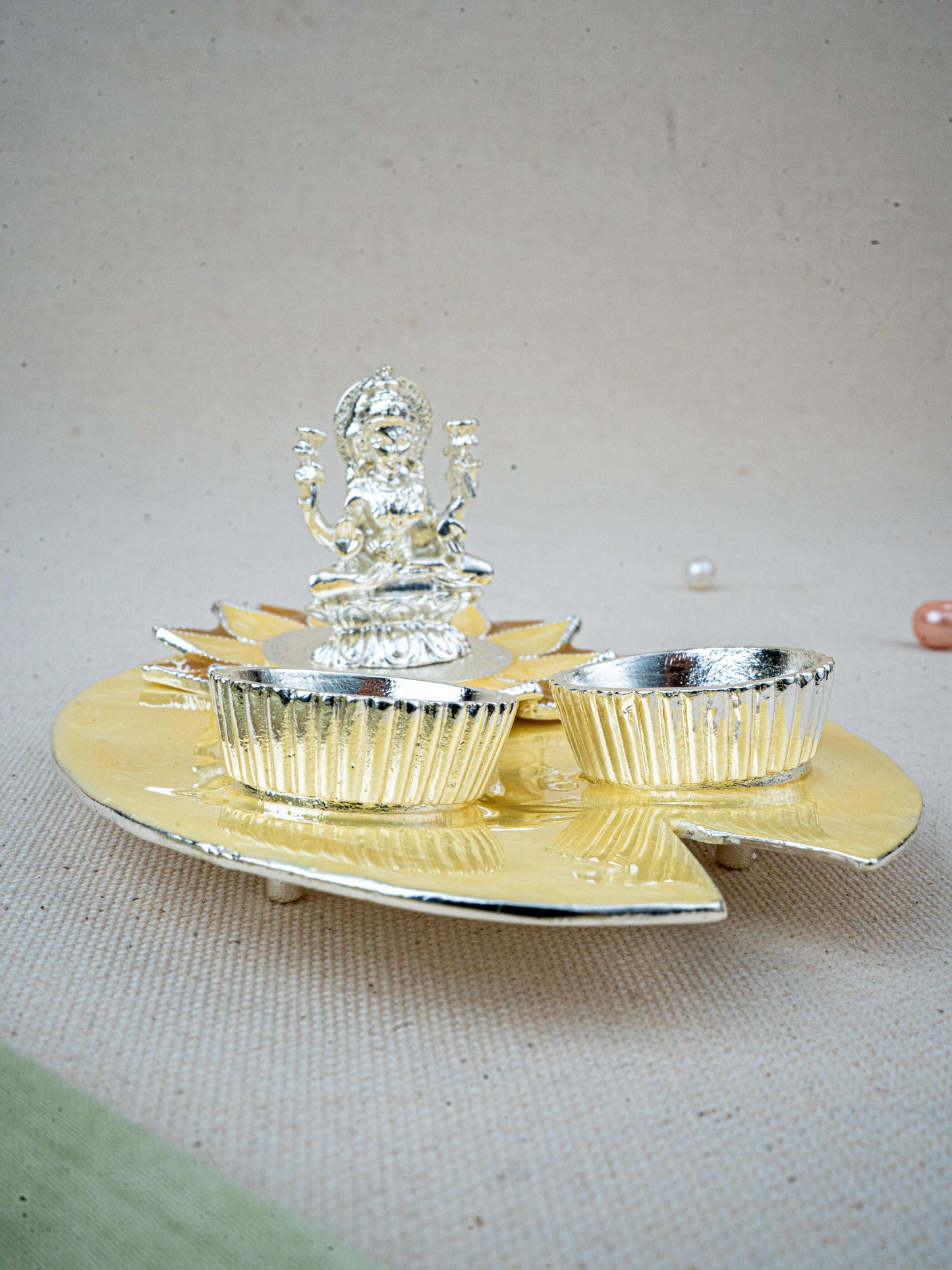 White Metal Lakshmi Manjal-Kumkum Holder - Beige - WL5501-2