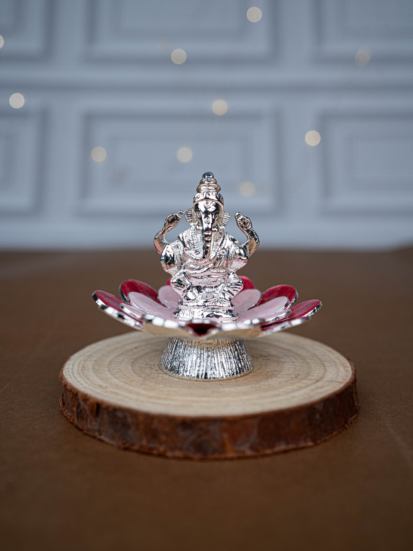 White Metal Lord Ganesha on Floral Base - Pink - WL5502-1