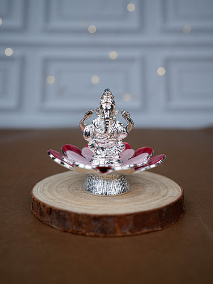 White Metal Lord Ganesha on Floral Base - Pink - WL5502-1