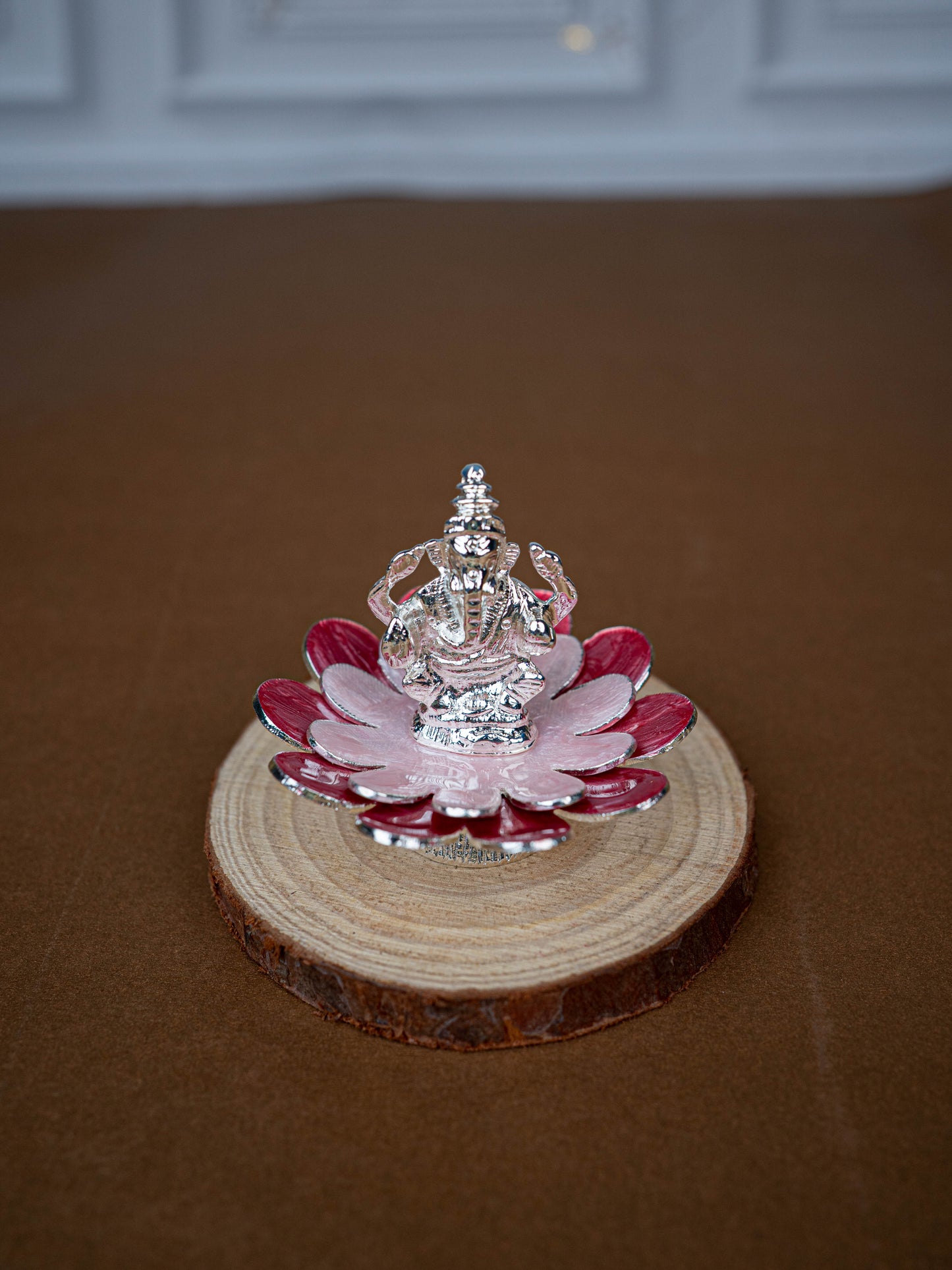 White Metal Lord Ganesha on Floral Base - Pink - WL5502-1