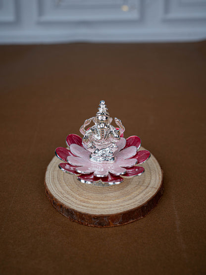 White Metal Lord Ganesha on Floral Base - Pink - WL5502-1