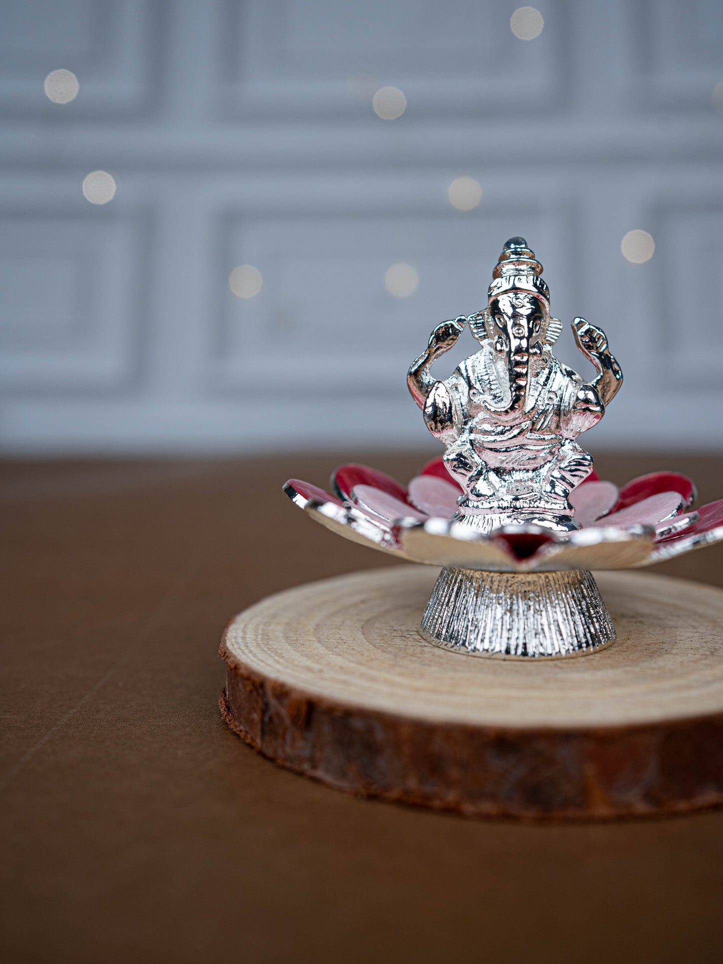 White Metal Lord Ganesha on Floral Base - Pink - WL5502-1