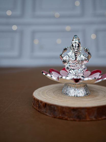 White Metal Lord Ganesha on Floral Base - Pink - WL5502-1