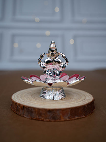 White Metal Lord Ganesha on Floral Base - Pink - WL5502-1