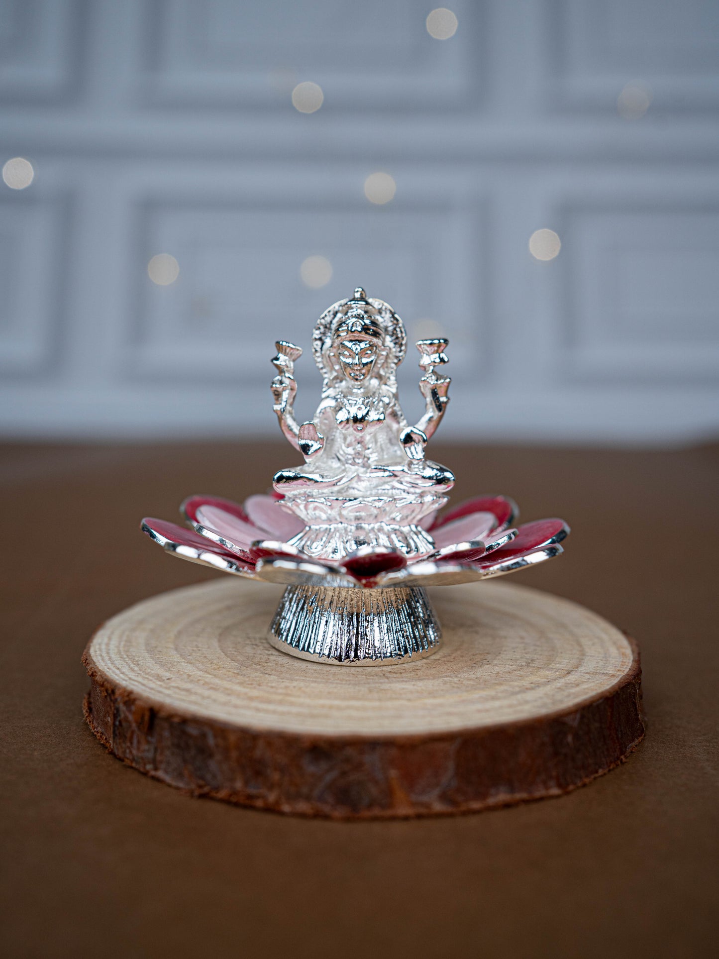 White Metal Lord Lakshmi on Floral Base - Pink - WL5502-2