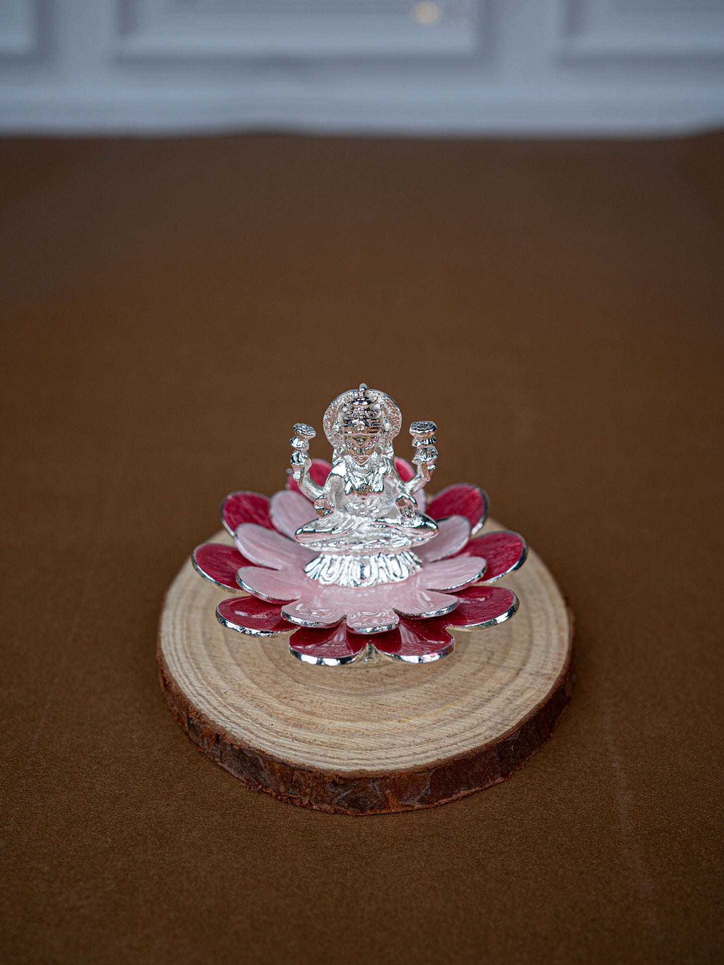 White Metal Lord Lakshmi on Floral Base - Pink - WL5502-2