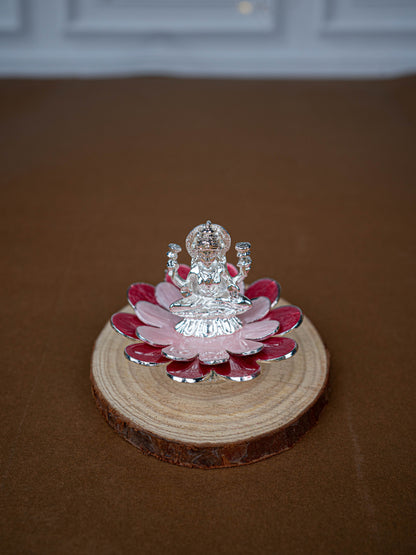 White Metal Lord Lakshmi on Floral Base - Pink - WL5502-2