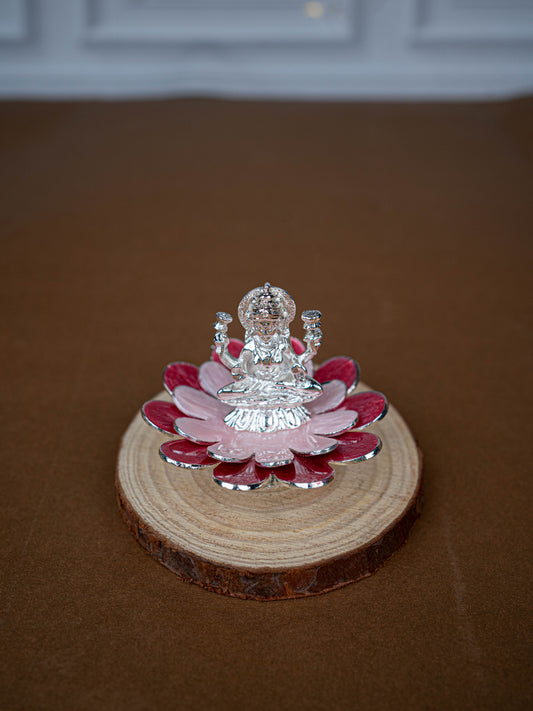 White Metal Lord Lakshmi on Floral Base - Pink - WL5502-2