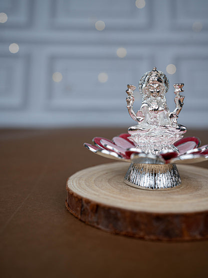 White Metal Lord Lakshmi on Floral Base - Pink - WL5502-2