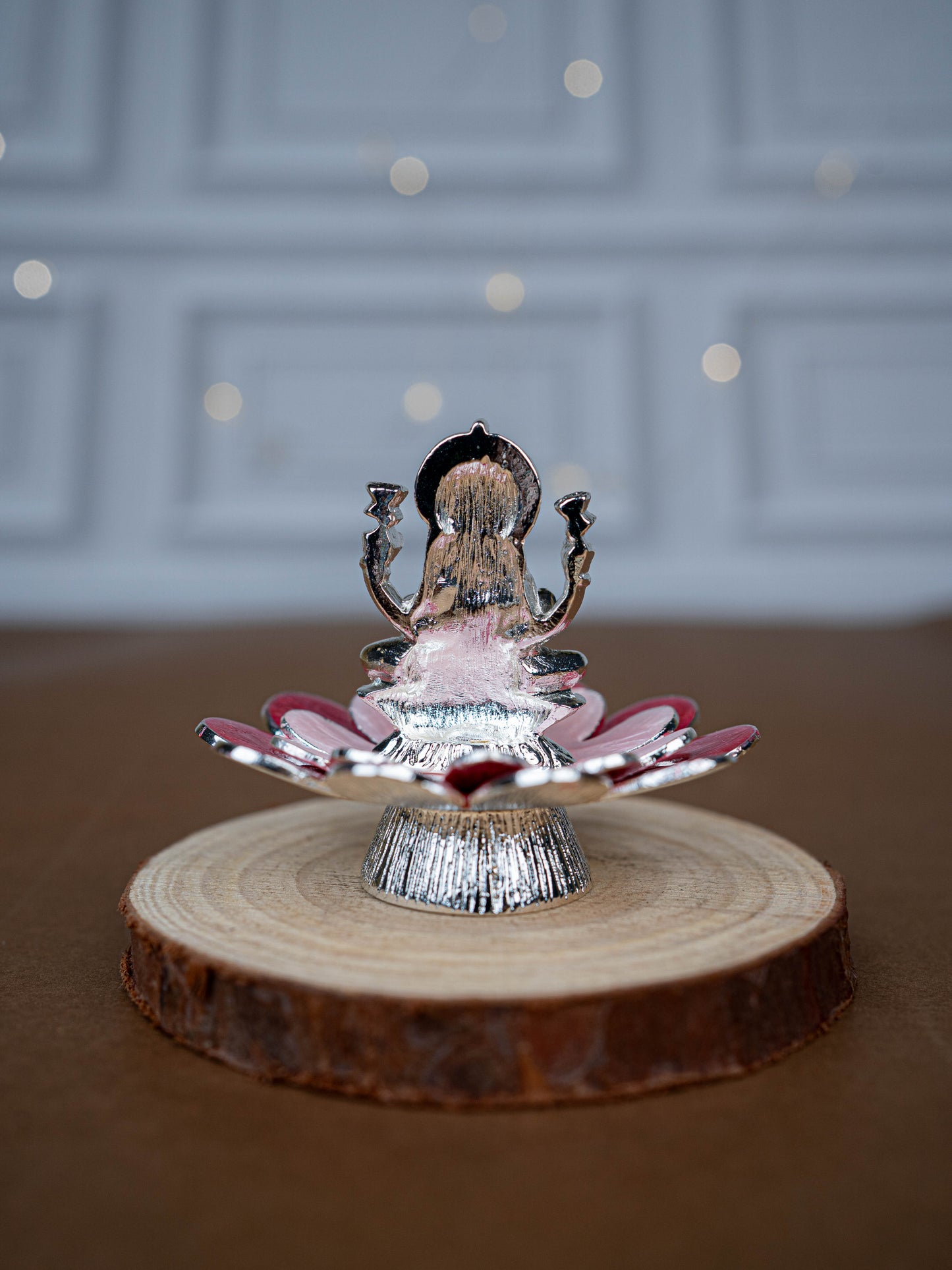 White Metal Lord Lakshmi on Floral Base - Pink - WL5502-2